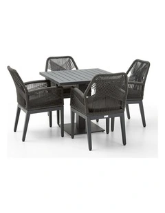 Avoca Outdoor Pedestal Dining Table Charcoal With Hugo Chairs & Carbon Grey Rope/Denim Cushions