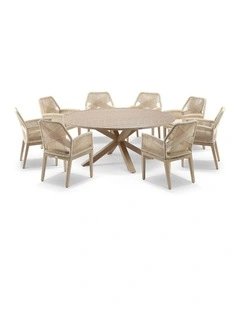Houston Outdoor 1.8m Dining Setting Light Oak Look With 8 Hugo Chairs & Cream Rope/Cream Cushions