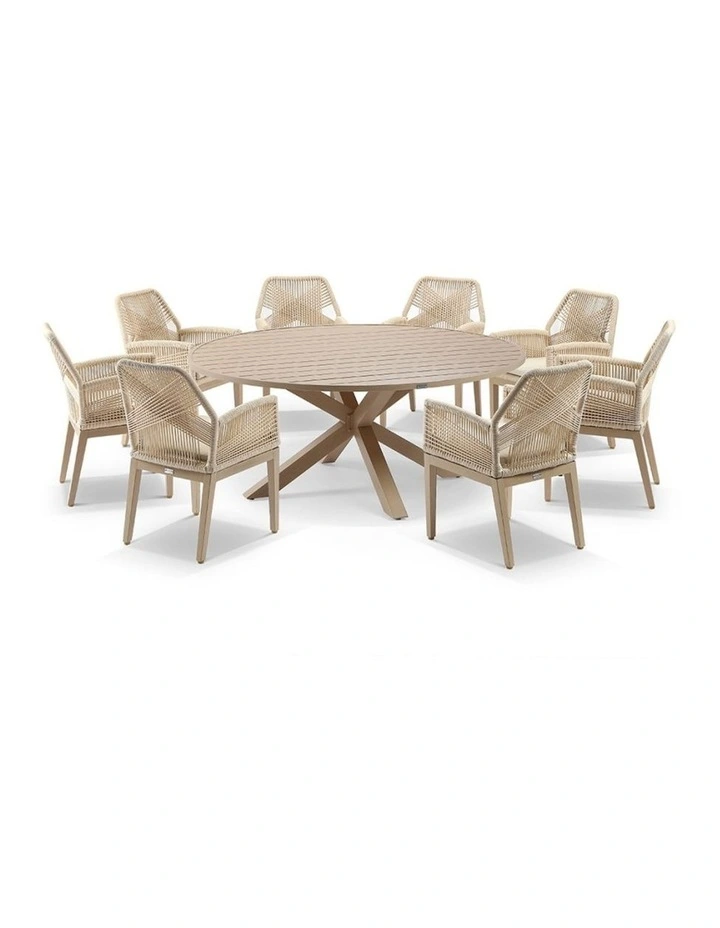Houston Outdoor 1.8m Dining Setting Light Oak Look With 8 Hugo Chairs & Cream Rope/Cream Cushions image 1