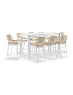 Hugo Outdoor Ceramic 2m Rectangle Bar Table White With 8 Rope Stools & Cream Rope/Cream Cushions