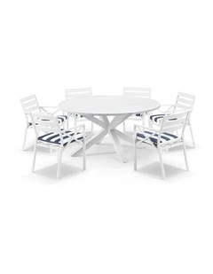 Houston Outdoor 1.5m Round Dining Setting White With 6 Kansas Chairs & Navy Stripe Cushions