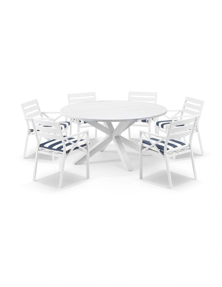 Houston Outdoor 1.5m Round Dining Setting White With 6 Kansas Chairs & Navy Stripe Cushions image 1