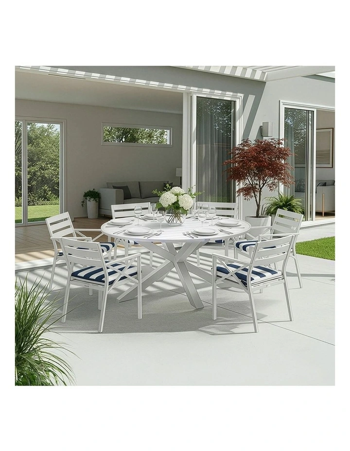 Houston Outdoor 1.5m Round Dining Setting White With 6 Kansas Chairs & Navy Stripe Cushions image 6