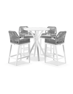 Houston 90cm Round Bar Table White With 4 Hugo Stools & Grey Rope w/Textured Olefin Cushions