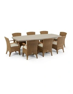 Waverley 2.6m Concrete Look Dining Set Brushed Wheat With 8 Kai Wicker Chairs & Cream Cushions
