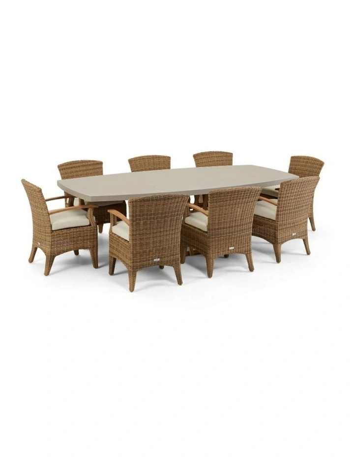 Waverley 2.6m Concrete Look Dining Set Brushed Wheat With 8 Kai Wicker Chairs & Cream Cushions image 1