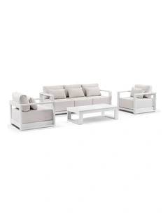 Whitehaven 3 1 1 Seater Outdoor Lounge Set White With Santorini Coffee Table & Sandstone Cushions