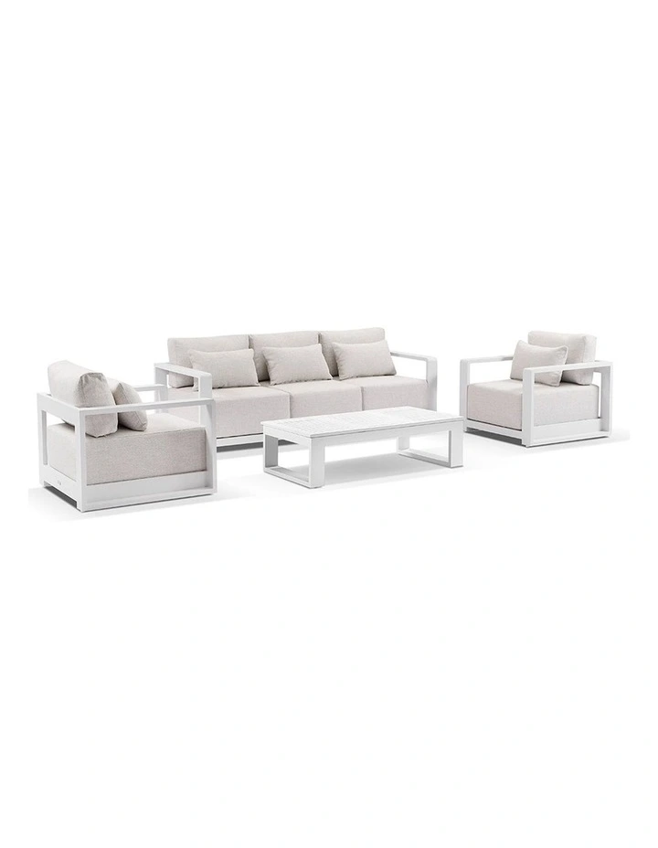 Whitehaven 3 1 1 Seater Outdoor Lounge Set White With Santorini Coffee Table & Sandstone Cushions image 1