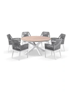 Tuscany 1.5m and Teak Dining Table White 6 Hugo Chairs & Grey Rope/Textured Olefin Cushions