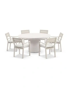 Curl 1.5m Round Ceramic/ Dining Table Light Dune With 6 Santorini Chairs & Sandstone Cushions