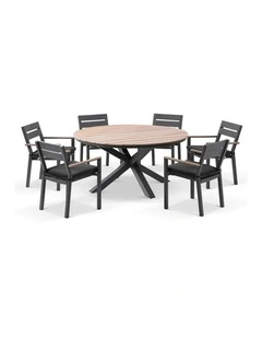 Tuscany Round 1.5m Outdoor and Teak Dining Table Charcoal With 6 Capri Chairs & Denim Grey Cushions
