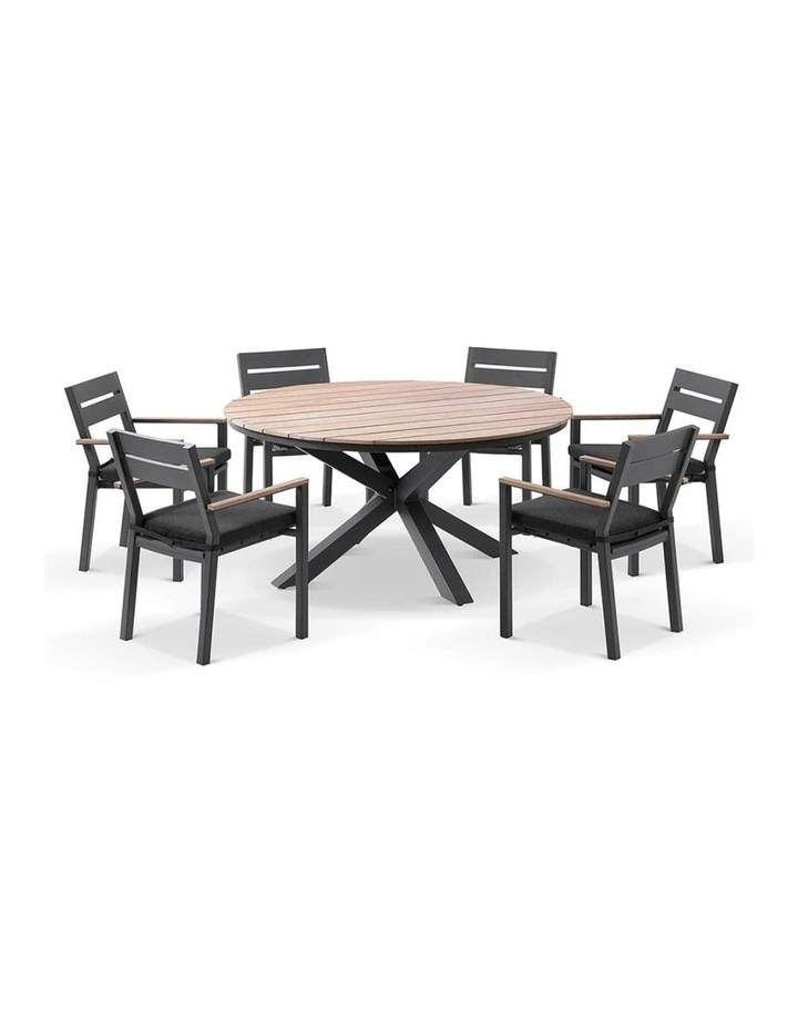 Tuscany Round 1.5m Outdoor and Teak Dining Table Charcoal With 6 Capri Chairs & Denim Grey Cushions image 1