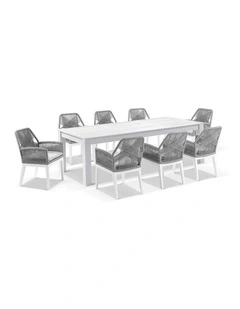 Santorini 2.5m Outdoor Dining Table White With 8 Hugo Chairs & Grey Rope w/Textured Olefin Cushions