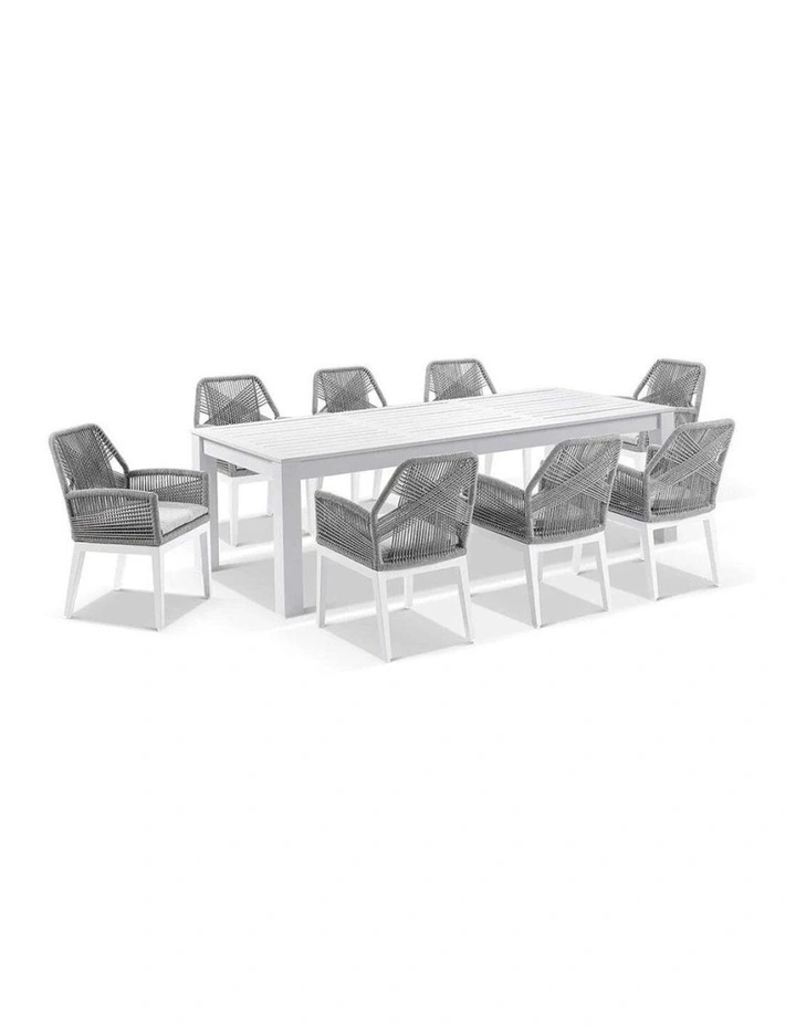 Santorini 2.5m Outdoor Dining Table White With 8 Hugo Chairs & Grey Rope w/Textured Olefin Cushions image 1