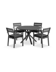 Houston Outdoor 1.2m Round Dining Setting Charcoal With 4 Santorini Chairs & Denim Grey Cushions