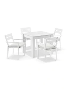 Santorini Outdoor 4 Seater Square Dining Table White With Chairs & Textured Olefin Grey Cushions