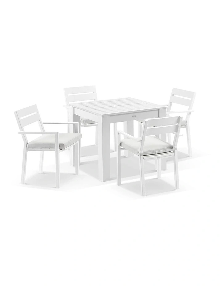 Santorini Outdoor 4 Seater Square Dining Table White With Chairs & Textured Olefin Grey Cushions image 1