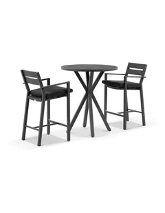 Houston Outdoor 90cm Round Bar Table Charcoal With 2 Santorini Stools & Denim Grey Cushions