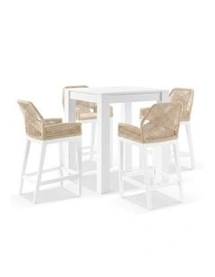 Santorini Outdoor Square Bar Table White With 4 Hugo Rope Stools & Cream Rope/Cream Cushions