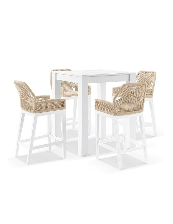 Santorini Outdoor Square Bar Table White With 4 Hugo Rope Stools & Cream Rope/Cream Cushions image 1