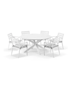 Houston 1.5m Round Dining Setting White With 6 Kansas Chairs & Textured Olefin Grey Cushions