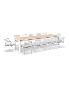 Balmoral 3.55m Teak Top Table White With 12 Kansas Dining Chairs & Textured Olefin Grey Cushions