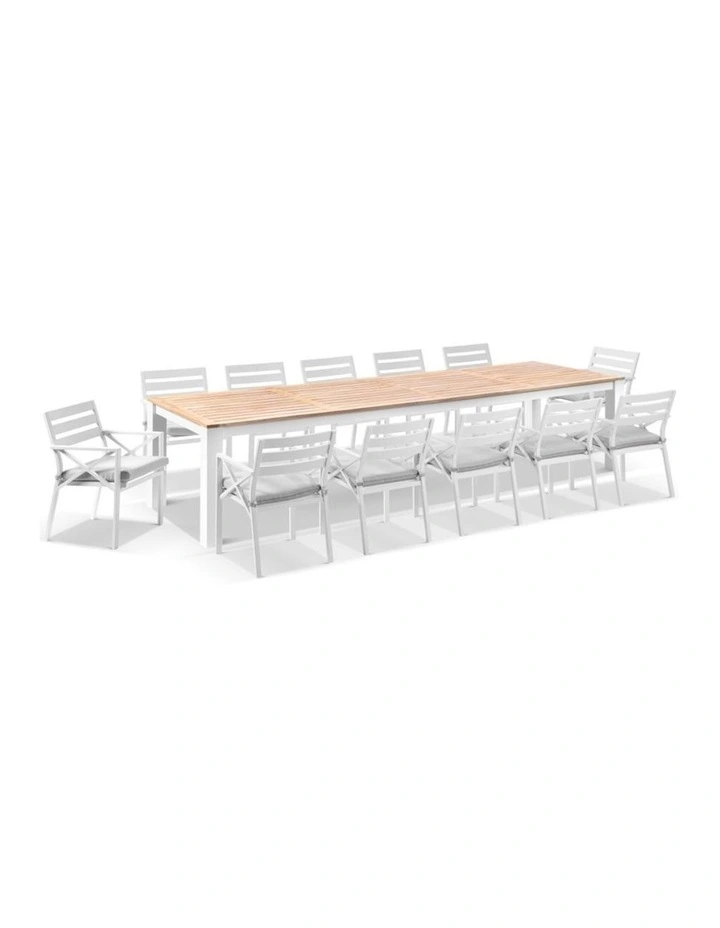 Balmoral 3.55m Teak Top Table White With 12 Kansas Dining Chairs & Textured Olefin Grey Cushions image 1