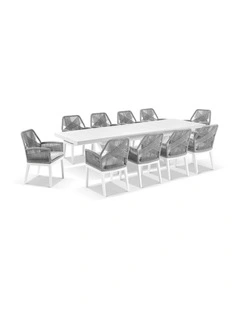 Austin Outdoor 2.2m - 3m Extension Table White With 10 Hugo Chairs & Grey Rope/Olefin Cushions