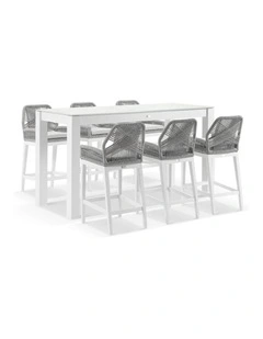 Hugo Ceramic 2m Rectangle Bar Table White With 6 Rope Stools & Textured Olefin Grey Cushions