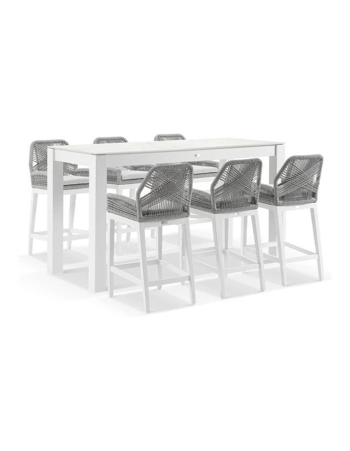 Hugo Ceramic 2m Rectangle Bar Table White With 6 Rope Stools & Textured Olefin Grey Cushions image 1