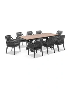 Kansas 2m Outdoor Teak/ Dining Table Charcoal With 8 Hugo Chairs & Carbon Grey/Denim Grey Cushions