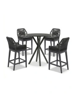 Houston Outdoor 90cm Round Bar Table Charcoal With 4 Hugo Stools & Carbon Grey/Denim Grey Cushions
