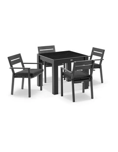 Hugo Outdoor 4 Seater Ceramic/ Dining Table Charcoal With Santorini Chairs & Denim Grey Cushions
