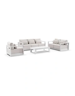 Whitehaven 3 2 1 Seater Outdoor Lounge Set White With Santorini Coffee Table & Sandstone Cushions