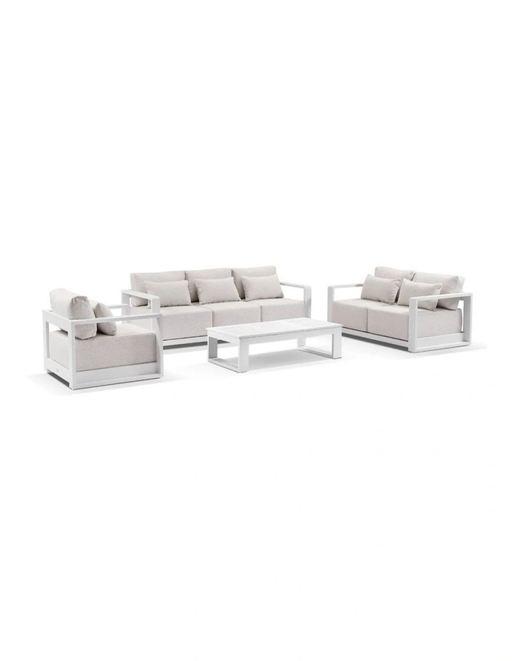 Whitehaven 3 2 1 Seater Outdoor Lounge Set White With Santorini Coffee Table & Sandstone Cushions image 1