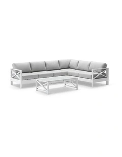 Kansas Outdoor Corner Modular Lounge Set White With Coffee Table & Textured Olefin Grey Cushions