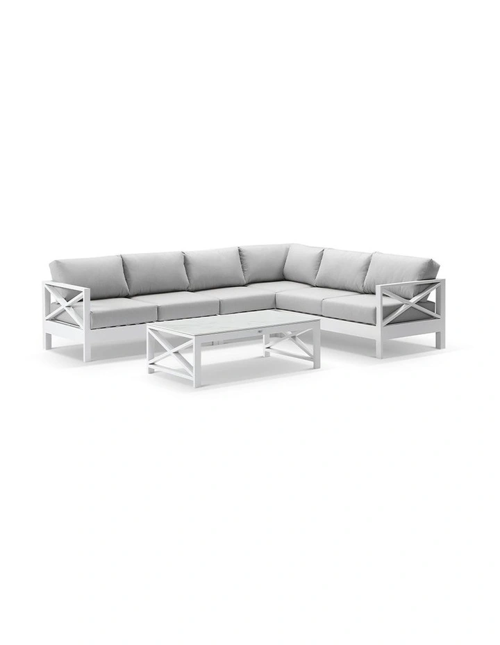 Kansas Outdoor Corner Modular Lounge Set White With Coffee Table & Textured Olefin Grey Cushions image 1