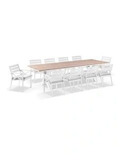 Kansas 3m Outdoor Teak Timber and Dining Table White With 10 Chairs & Textured Olefin Grey Cushions