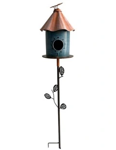 Willow & Silk SkyNest Haven Birdhouse with Perched Bird on Leafy Garden Stake
