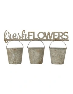 Willow & Silk Metal Pots 51cm 'Fresh Flowers' 3 Buckets Taupe Wall Planters