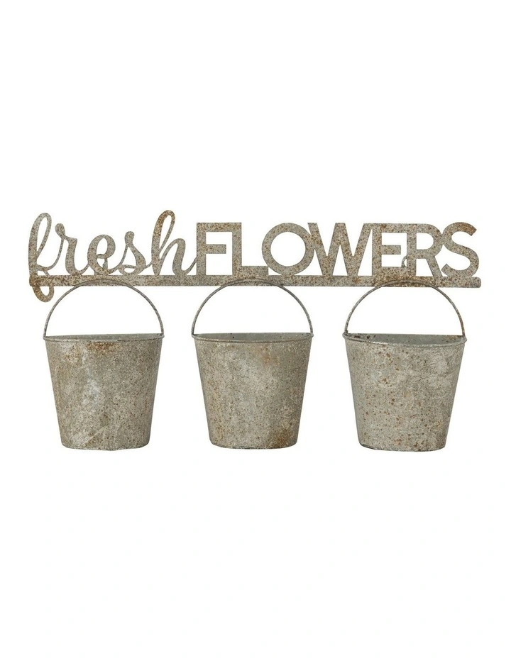 Willow & Silk Metal Pots 51cm 'Fresh Flowers' 3 Buckets Taupe Wall Planters image 1