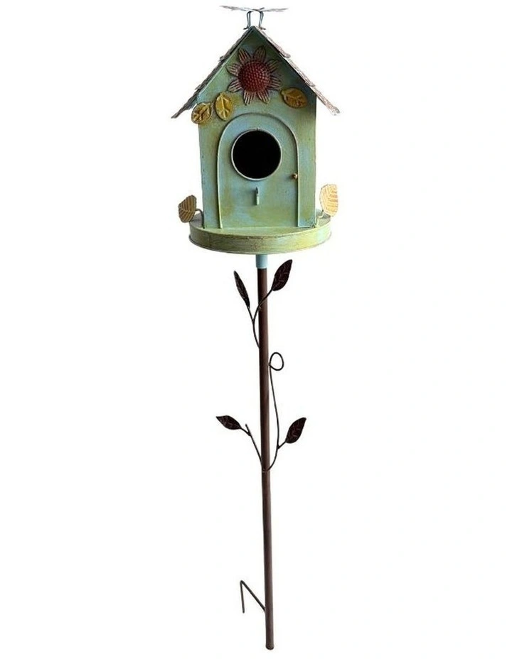 Willow & Silk Floral Perch Birdhouse on Leafy Garden Stake image 1