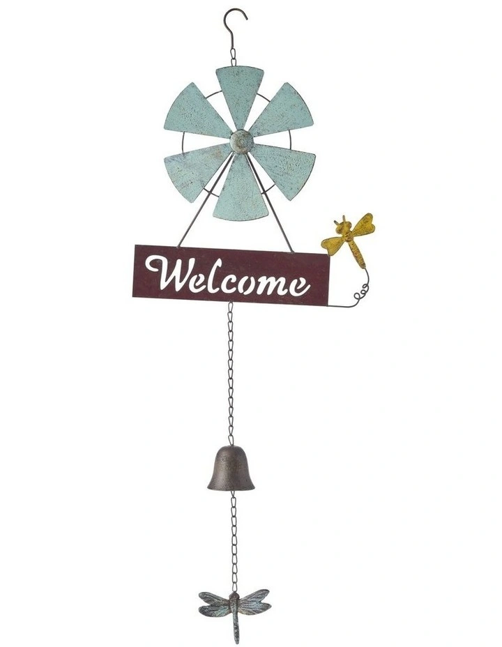 Willow & Silk Hanging Welcome Windmill with Bell and Dragonflies 31.5x6.5x82cm image 1
