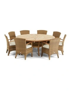 Solomon 1.8m Outdoor Teak Timber Table Brushed Wheat Kai wicker Chairs & Lazy Susan Cream Cushion