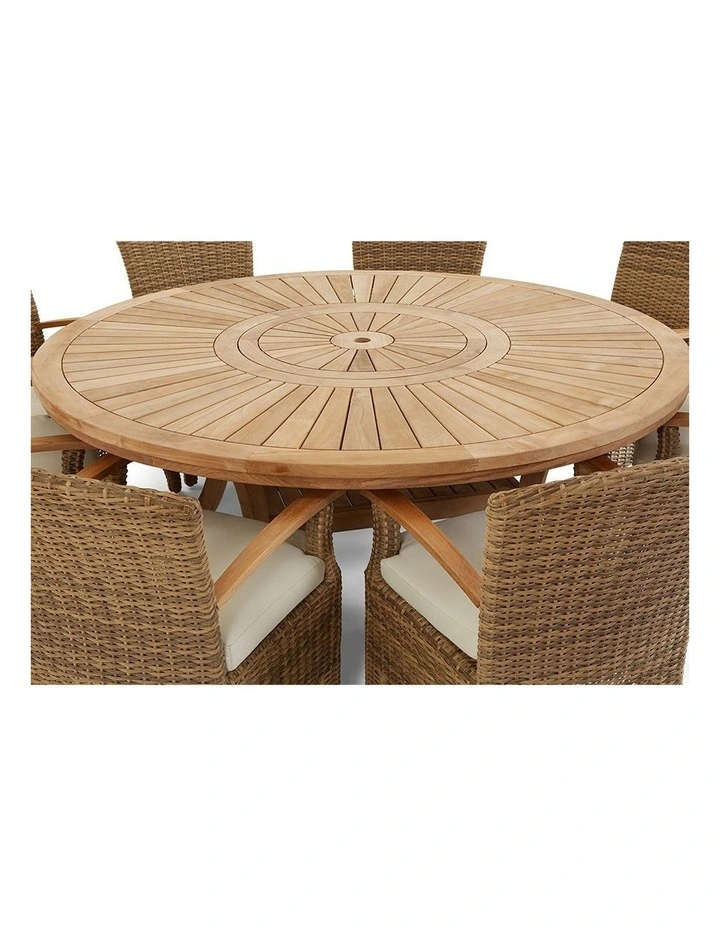 Solomon 1.8m Outdoor Teak Timber Table Brushed Wheat Kai wicker Chairs & Lazy Susan Cream Cushion image 2