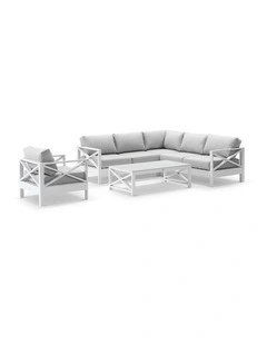 Kansas  Corner Modular Lounge Set White With Arm Chair/Coffee Table & Textured Olefin Grey Cushions