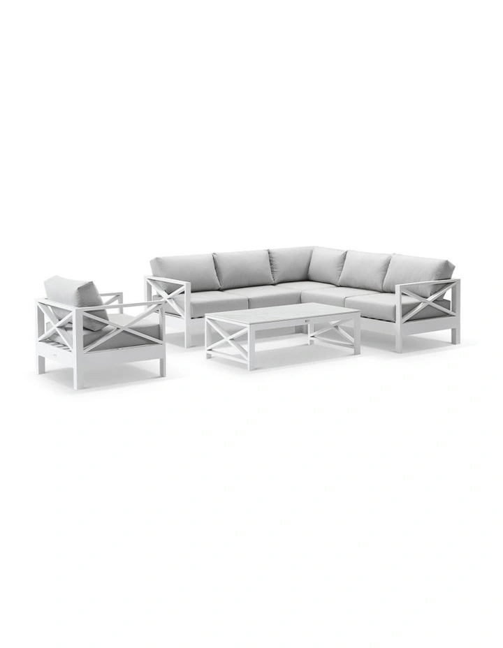 Kansas Corner Modular Lounge Set White With Arm Chair/Coffee Table & Textured Olefin Grey Cushions image 1
