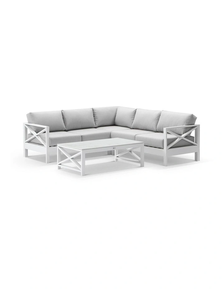 Kansas Corner Modular Lounge Set White With Arm Chair/Coffee Table & Textured Olefin Grey Cushions image 2