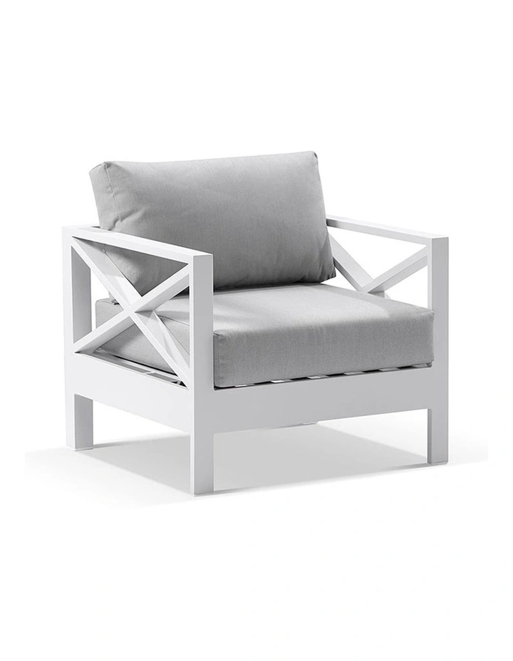 Kansas Corner Modular Lounge Set White With Arm Chair/Coffee Table & Textured Olefin Grey Cushions image 3