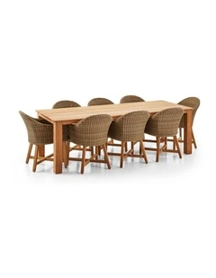 Barbados Outdoor Teak 2.4m Dining Table Brushed Wheat 8 Coastal Wicker Chairs & Cream Cushions